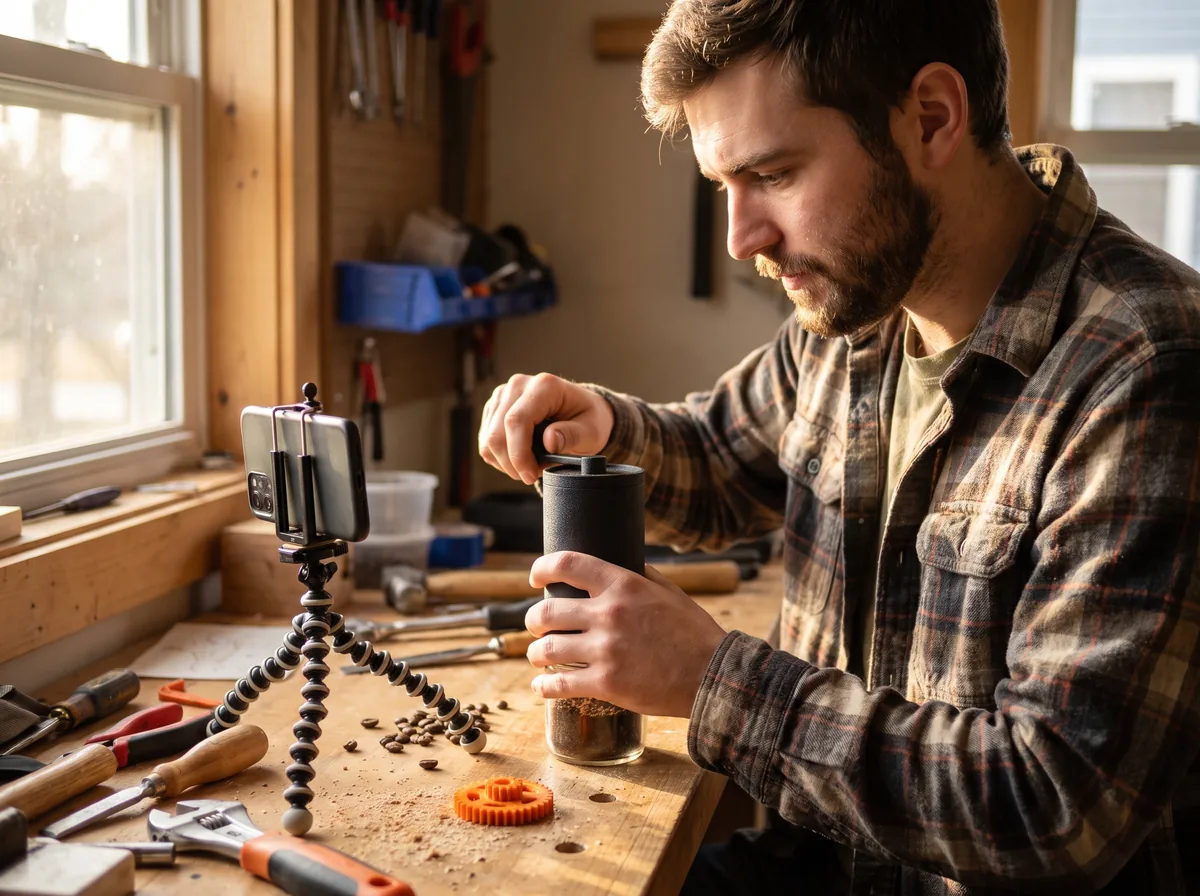 Creator filming a vertical video of a working hardware prototype on a workbench